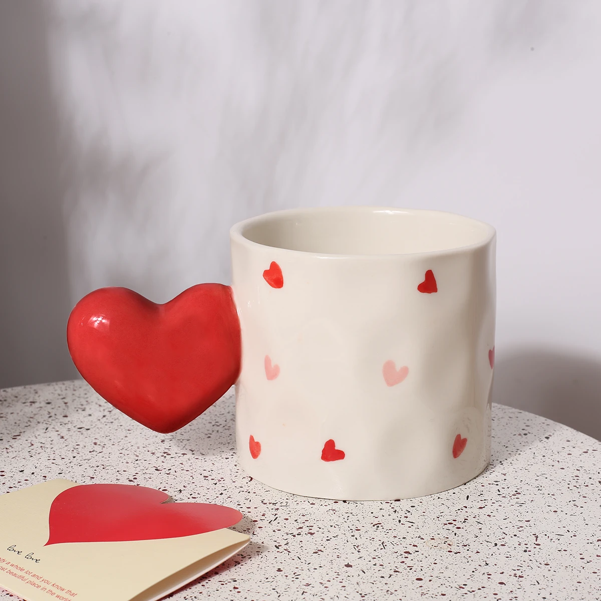Creative Red Heart Design Handle Ceramic Mug Hand Painted Stoneware Coffee Cup Mugs
