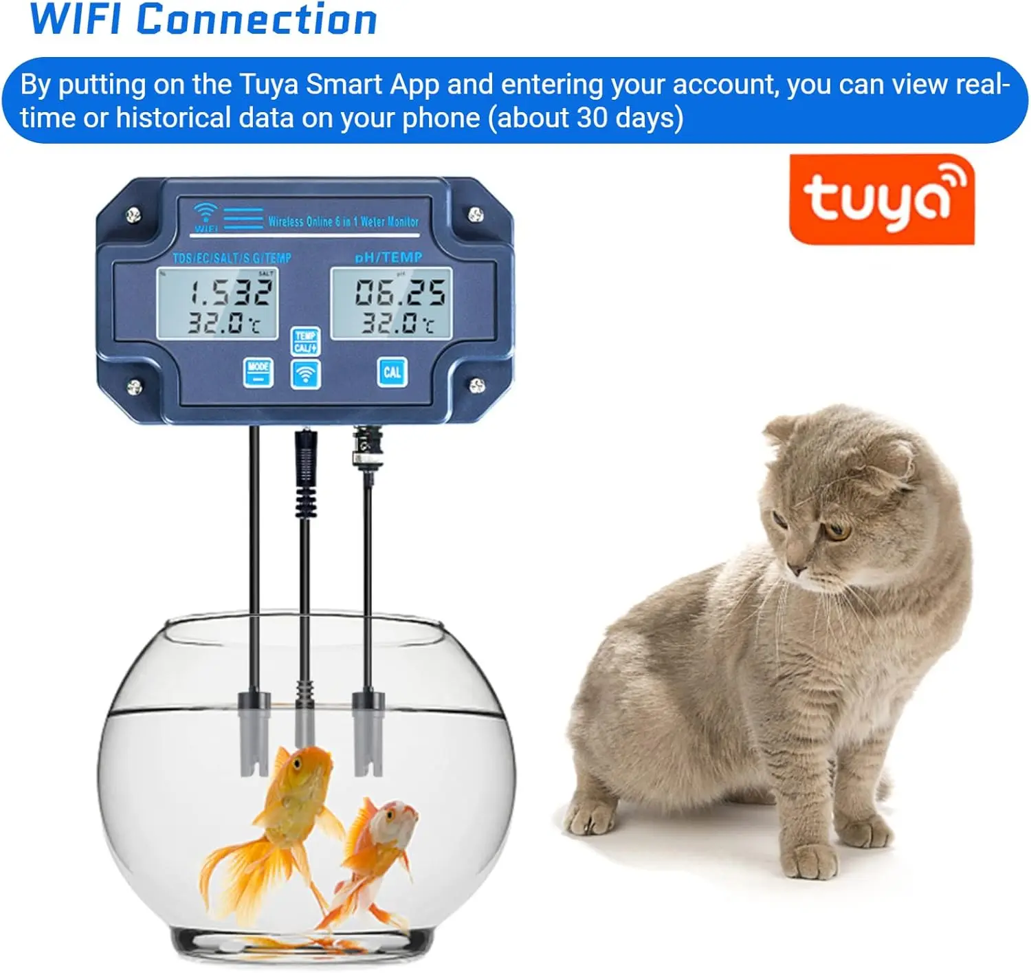 Tuya Smart Wifi Online Water Quality Detector 6 IN 1 TDS EC PH Salinity G.S Temperature Tester PH Meter for Swimming Pool