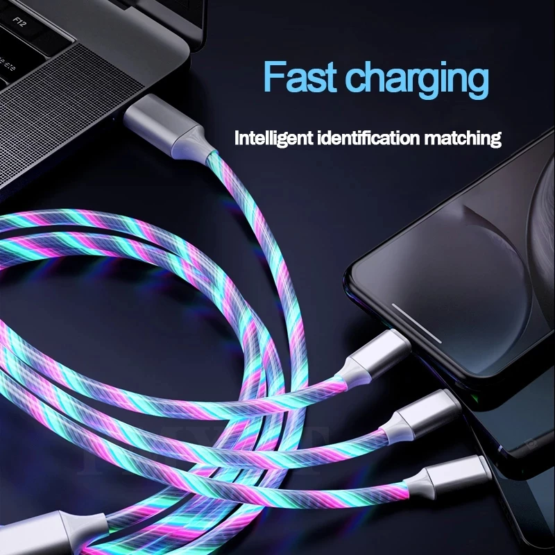
Factory 3-in-1 Charging Flow Luminous Lighting Cable Charger Wire Led Micro USB Type C With Type Android IOS 1 meter 