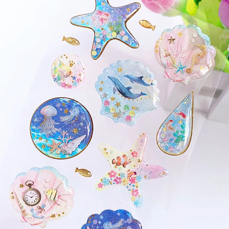 Crystal 3D Stickers Sea Creatures Small Fish Seashells Dolphins Whale Stickers Self adhesive Handbook Decorative Stickers
