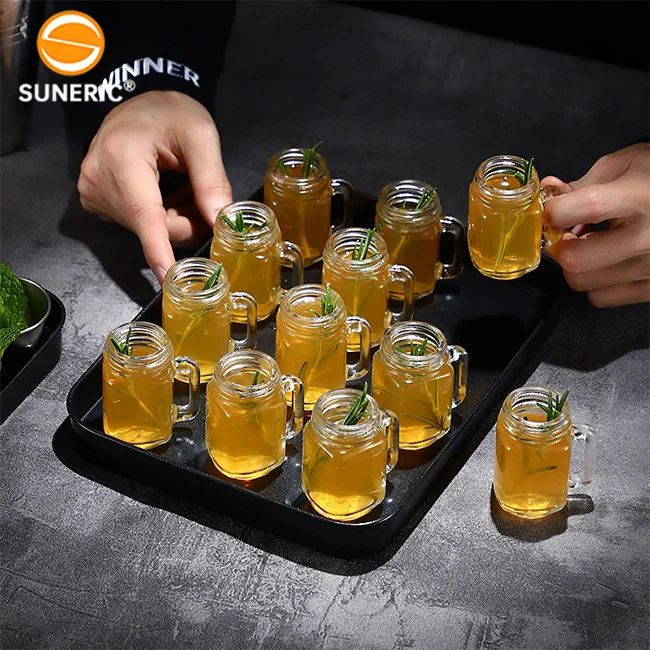 Custom Logo 1.5oz Glass Double Bullet Shot Small Whiskey Vodka Rum Cocktail Shot Cup Set With Holder Tray Mason Jar Shot Glasses