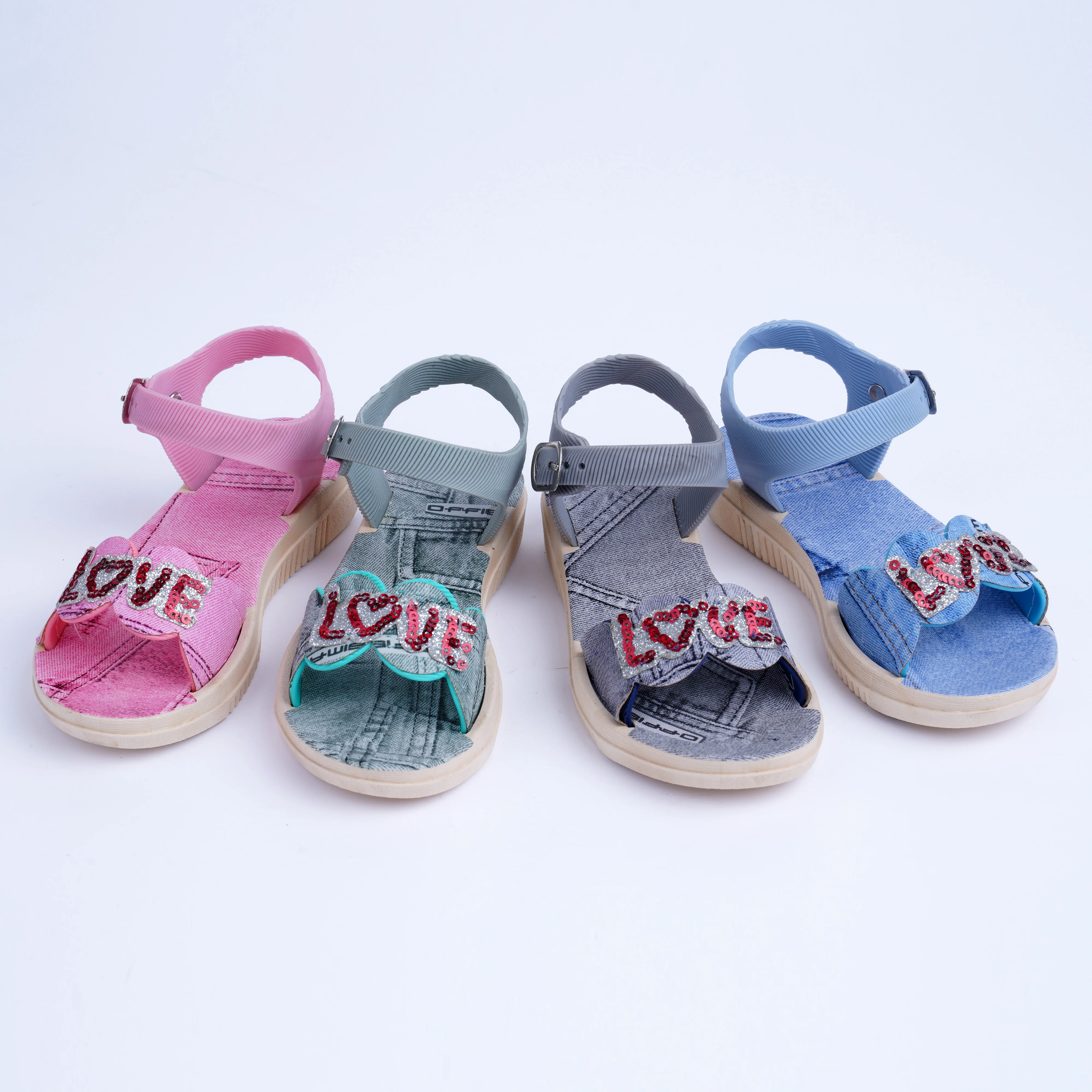 Сандалии на плоской подошве для девочек, цветная джинсовая ткань, милый дизайн с надписью, летние Нескользящие, для улицы, Детские босоножки