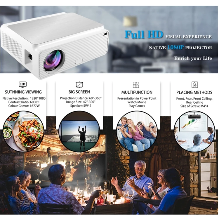 Светодиодный видеопроектор FHD 1080P портативный с поддержкой 4K Full HD 1080p домашний