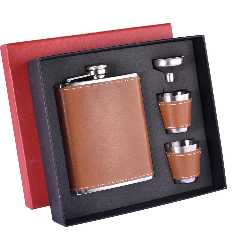 China Suppliers Leather Wrapped Custom Design SS Hip Flask Gift Set  With Cup And Free Funnel