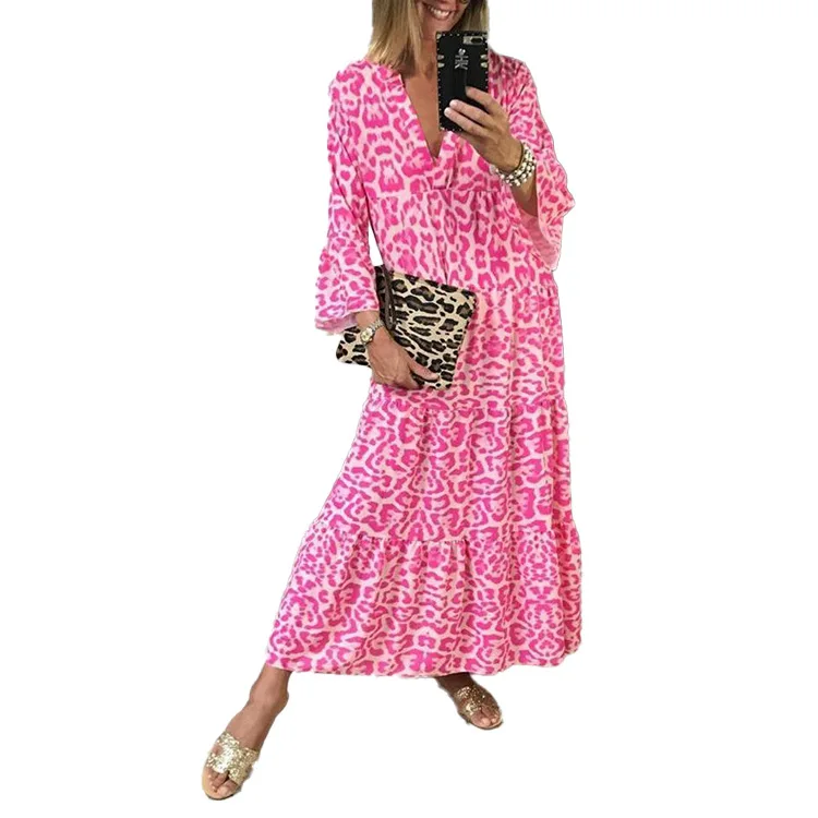 2021 trendy leopard print V-neck lotus leaf sleeve stitching cake skirt dress women display racks long evening dresses