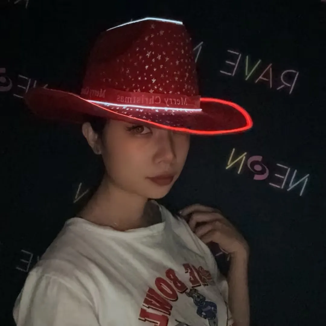 New Plain Fabric Christmas Pattern Led Light up Cowboy Hat Neon EL Wire Cowboy Hats Flashing Blink Lights Cowgirl Hat Christmas