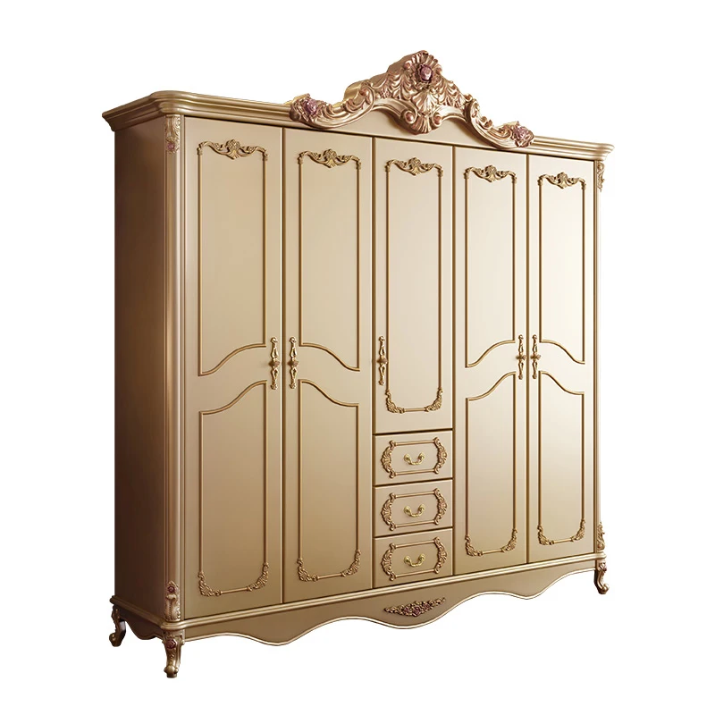 Luxury Antique 4 Doors Wardrobe Bedroom Furniture Classic Closet Gold Solid Wood Wardrobes