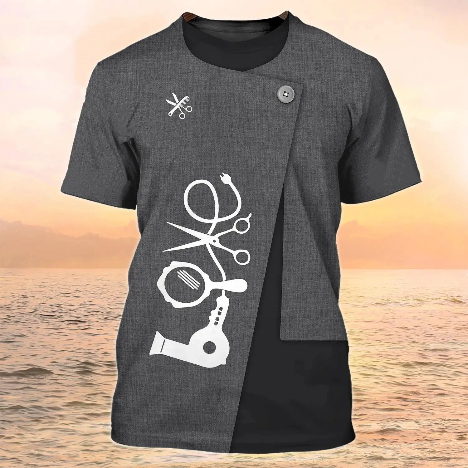 New fashion European and American Barber work clothes 3D digital print summer casual T-shirt