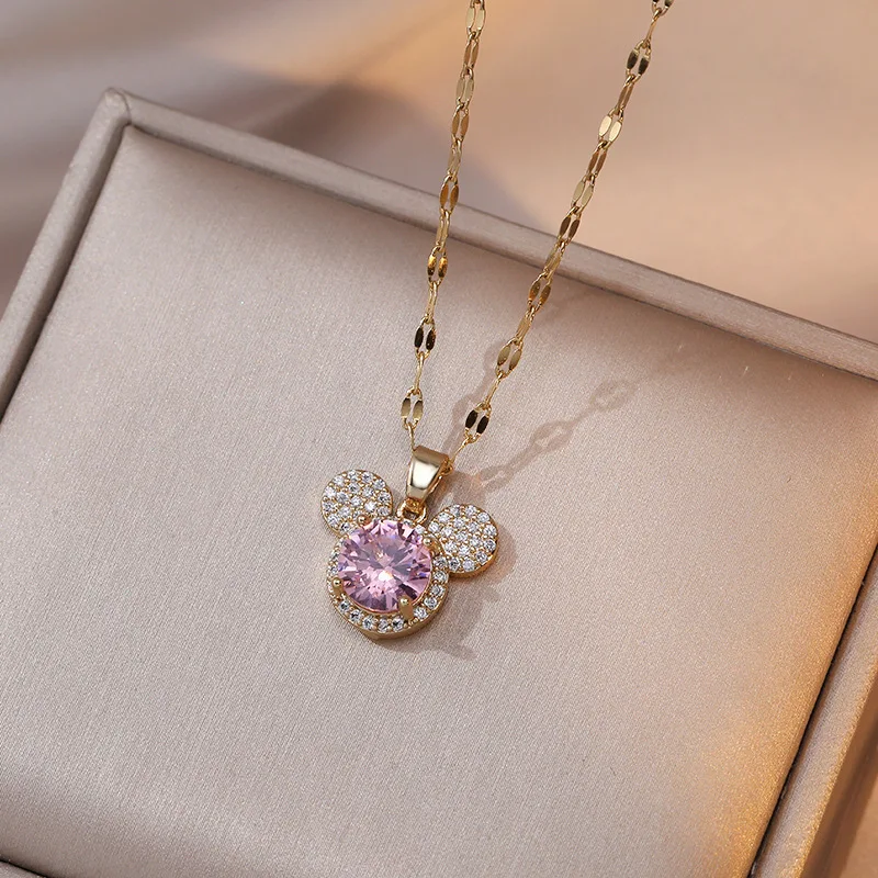Wholesale Non Tarnish 18K Gold Plated Stainless Steel Diamond Zircon Mouse Head Mickey Pendant Necklace Jewelry For Women
