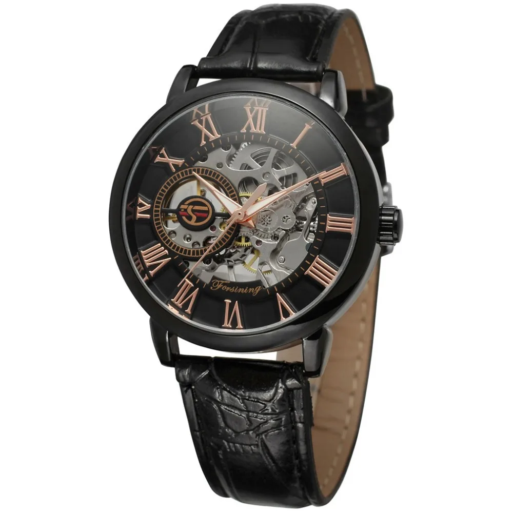 Men Luxury Mechanical Skeleton Watch Black Golden 3D Literal Design Wristwatch Forsining A099 Leather Watch