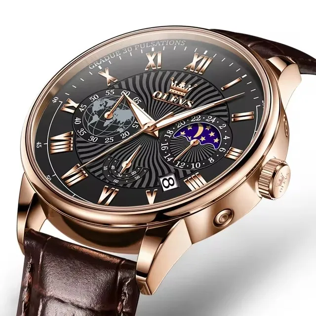 OLEVS 2893 Casual Quartz Watch Gift Genuine Leather Watchband Wristwatch Chronograph Calendar Waterproof Clock