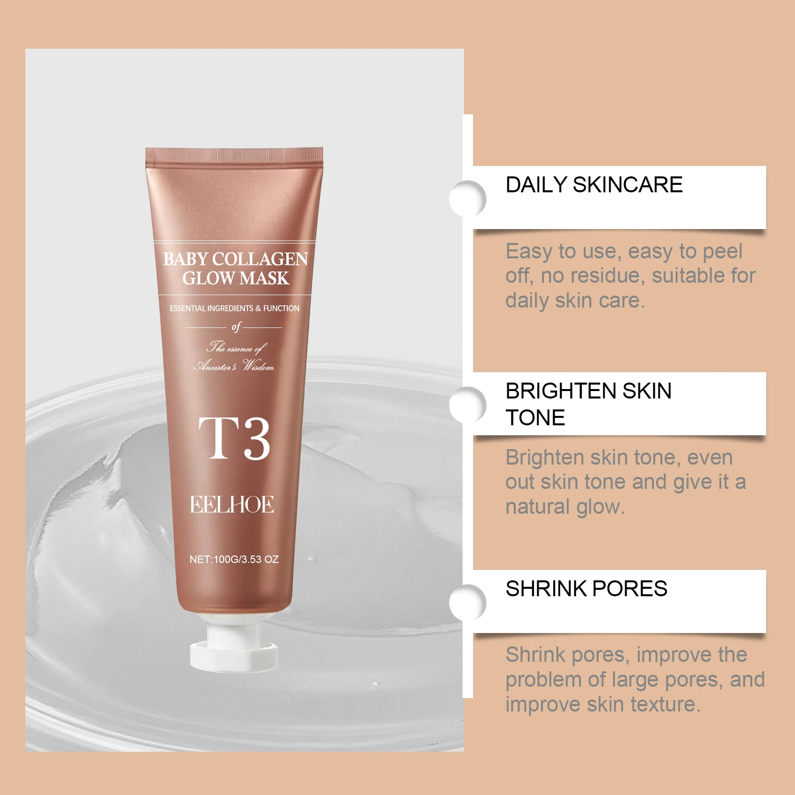 Wholesale Facial Care Mask With Brush Moisturizing Anti Wrinkle Remove Freckle Overnight T3 Baby Collagen Glow Peel Off Mask
