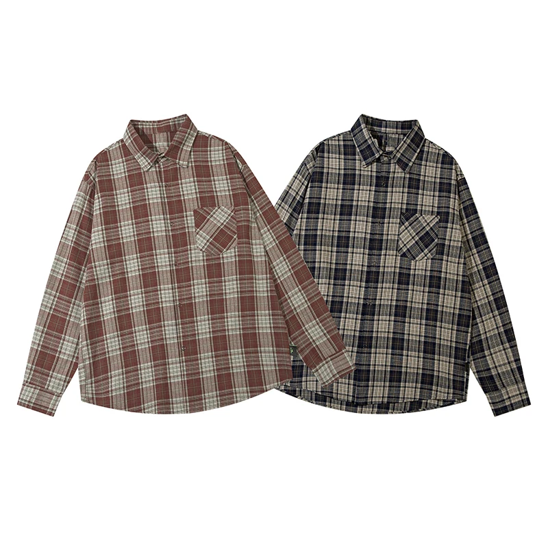 Прямые продажи весна новая мужская клетчатая простая металлическая рубашка на пуговицах в американском уличном стиле