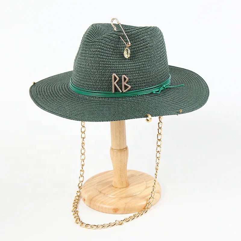 Women Fashion Retro Paper Braid Straw Panama Hat with Metal Words Pin Ring and Chain Chin Strap