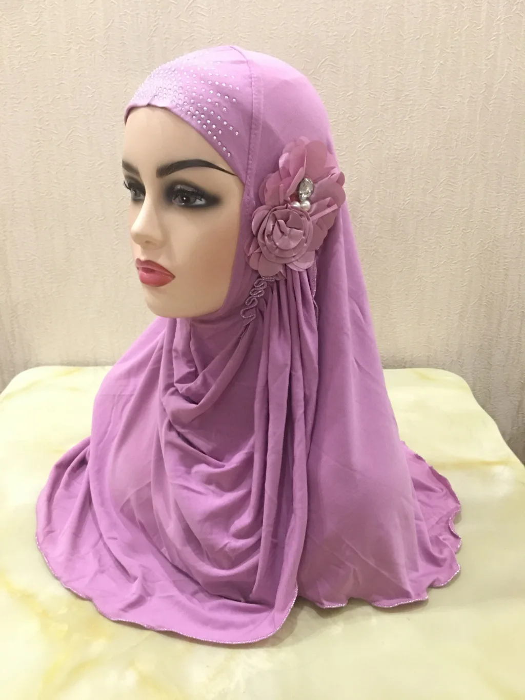 Ice Ribbon Flower Hot Drill Cover Instant Hijab Manufacture Of Head Scarf With Yarn Instant Jersey Hijab