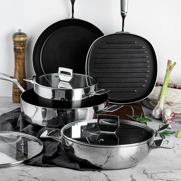Fast Shipping Stainless Steel Triply Saute Pan Customized Non Stick Wok Cookware Set Cooking Pots