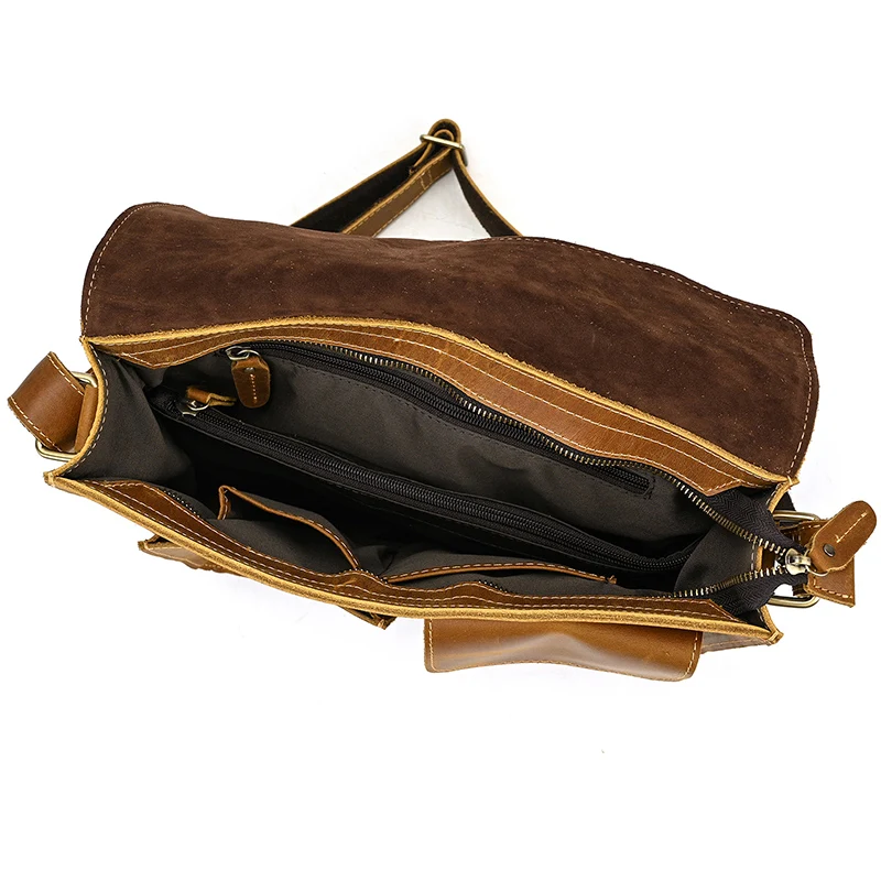 Mens Cow Leather Shoulder Bag Vintage Brown A4 Crazy Horse Leather Messenger Bag Big Crossbody Briefcase Bag