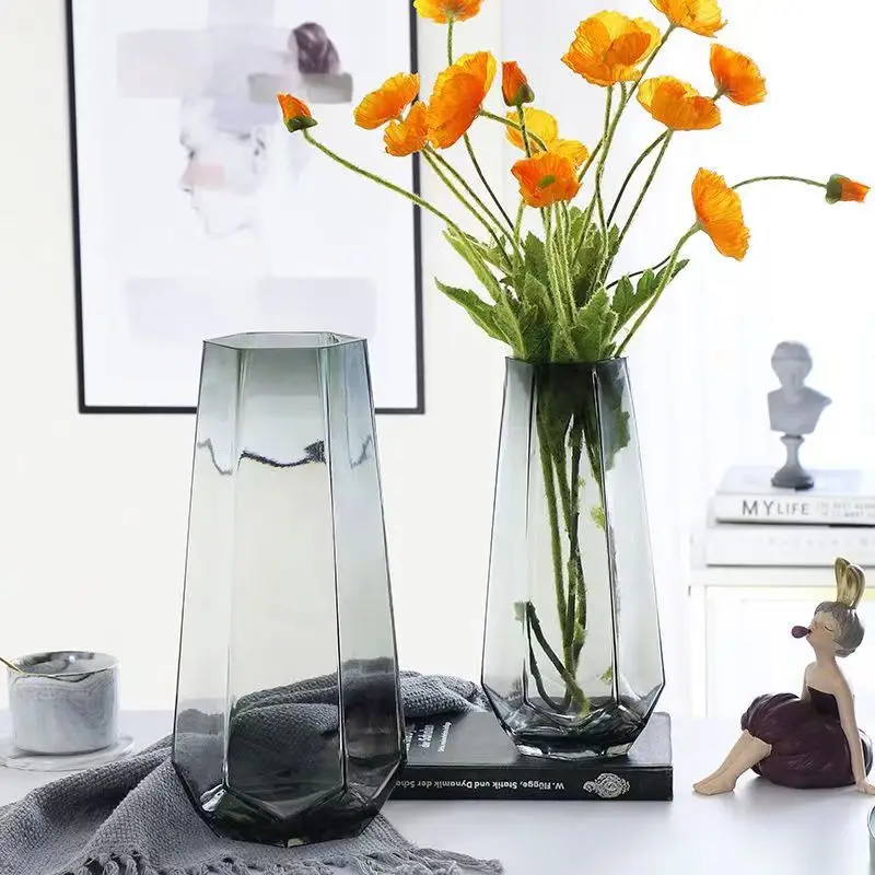 Unique Design Dark Gray Home Decor Hexagonal Prism Glass Flower Vase Cheap Clear Glass Crystal Vases Home Wedding Decoration