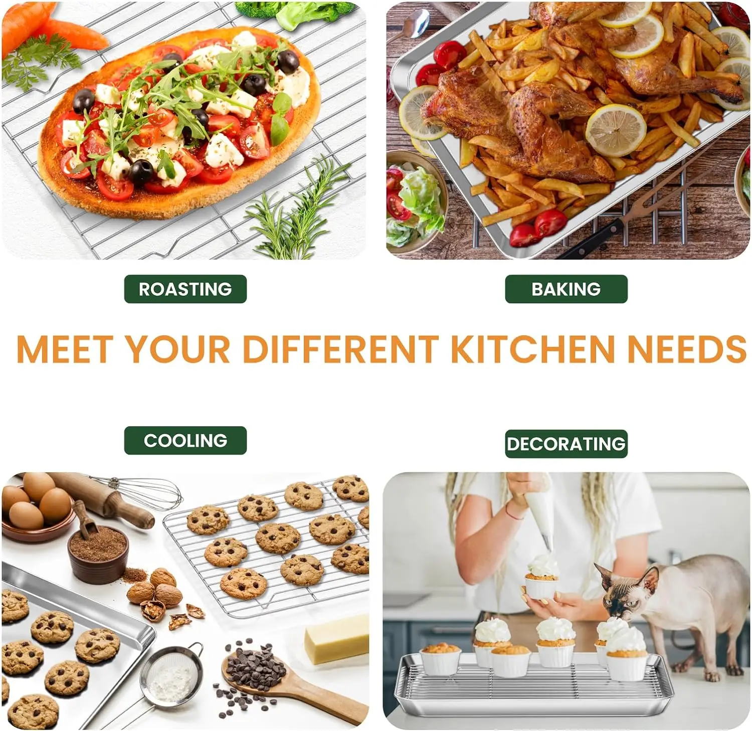 Durable Cooking Roasting Cookie Sheet Pan and Rack Set Baking Tray Stainless Steel Baking Pan with  Cooling Rack