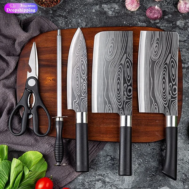 Carbon Stainless steel 3CR13 Set of 3 pcs Kitchen Slicing New Design Kitchen Black Blade Damascus laser pattern suit knife