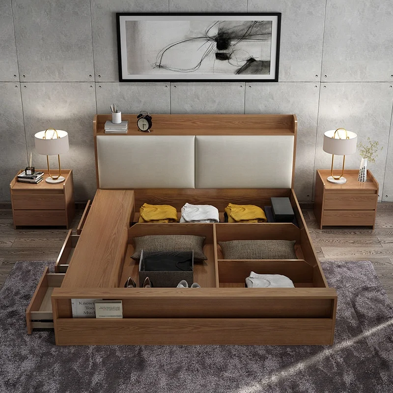 Modern up-holstered beds bedroom set king queen size wood bed with storage drawers