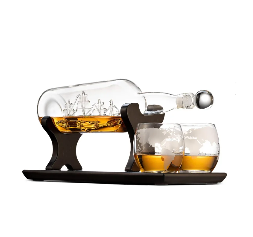 Gifts for Men Clear Ship In A Bottle Whiskey Decanter and Whiskey Glasses Bar Set for Liquor Scotch Bourbon