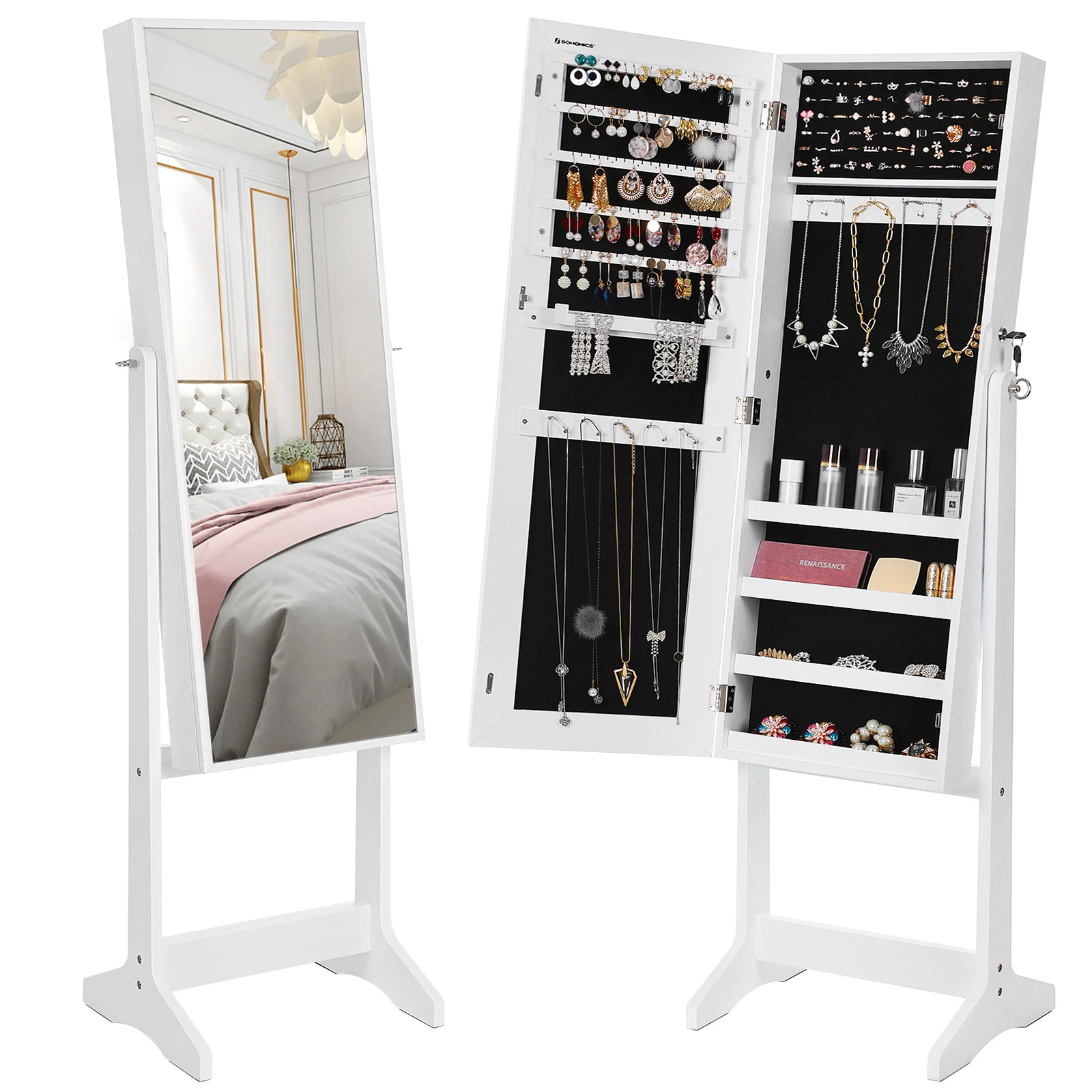 VASAGLE Free-Standing Full-Length Mirror Jewelry Organizer White Vertical Jewelry Cabinet with lock