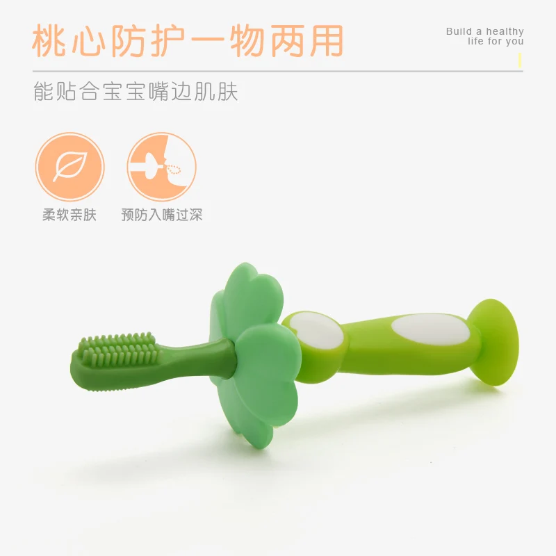 LULA Beauty 2021 Baby Suction Base Infant Toddler Soft Bristle Toothbrush Silicone Training Teether Green