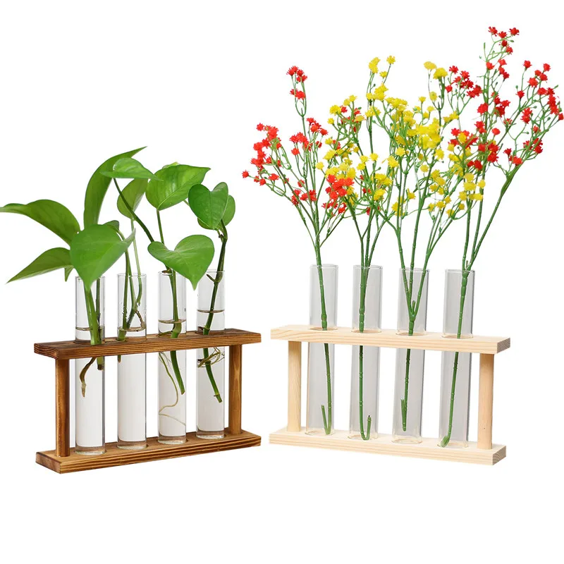 Glass vase in wooden stand test tube terrarium planter for Hydroponic plants home decor