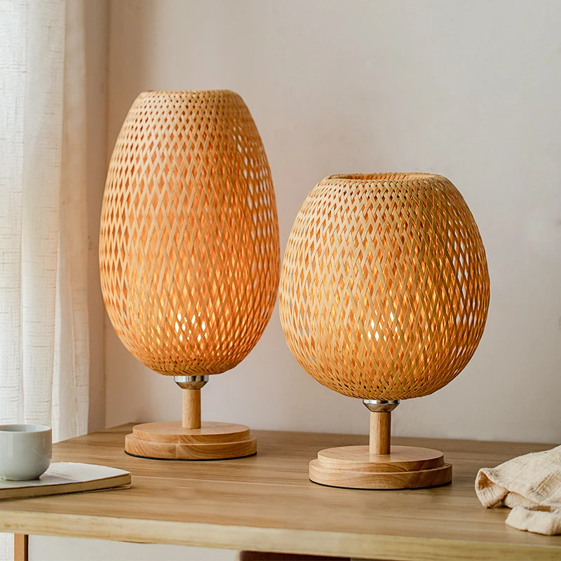 Handmade Vintage Wooden Decorative Desk Table Lamps with rattan wicker Shade for Hotel, Bedroom