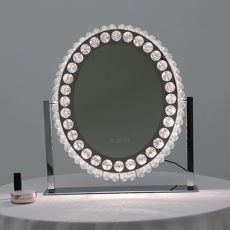 2022 NEW Arrival Oval Vintage Desktop LED lighted crystal makeup vanity mirror crushed diamond mirror