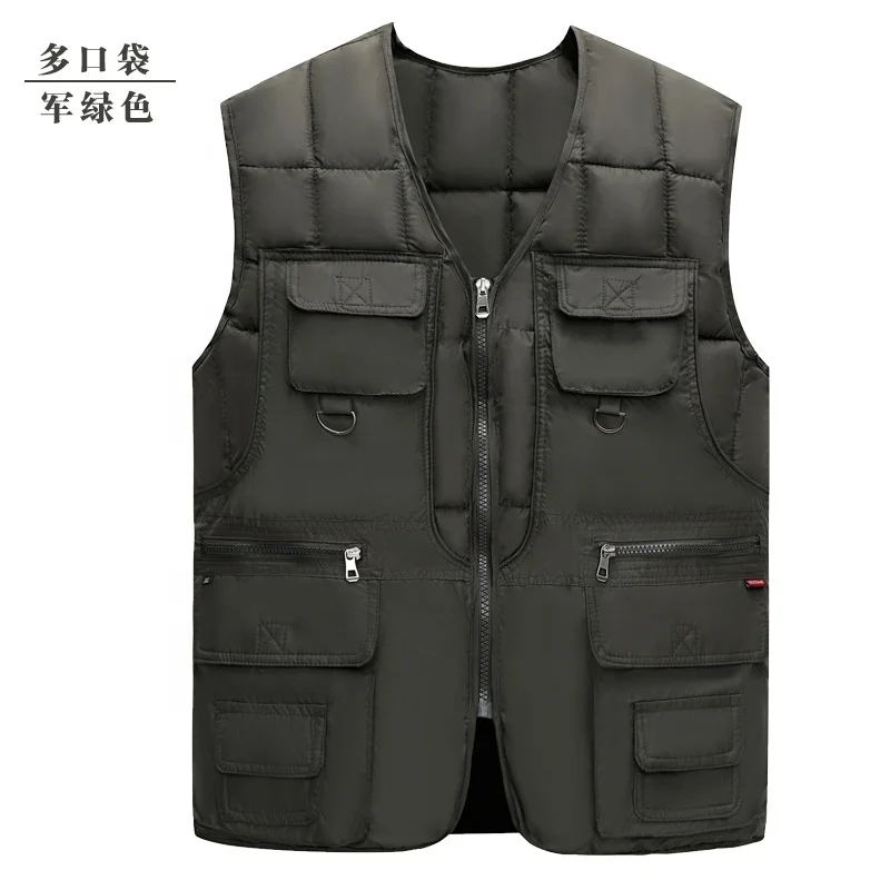 Autumn and Winter Multi Pockets Sleeveless Thick Cotton Waistcoat Zipper Up Plaid Vest for Men
