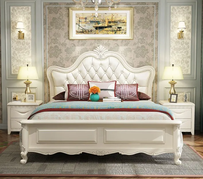 European Luxurious Solid Wood Frame King Size Tufted Button White Leather Headboard Bed
