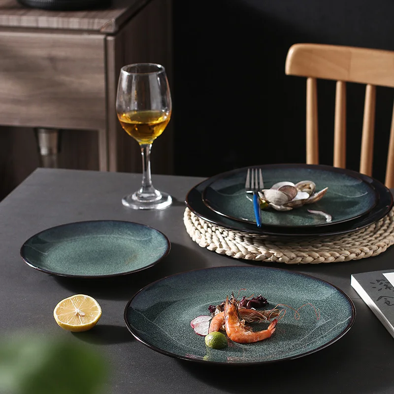 Porcelain Stoneware Material reactive green glaze ceramic salad steak plate