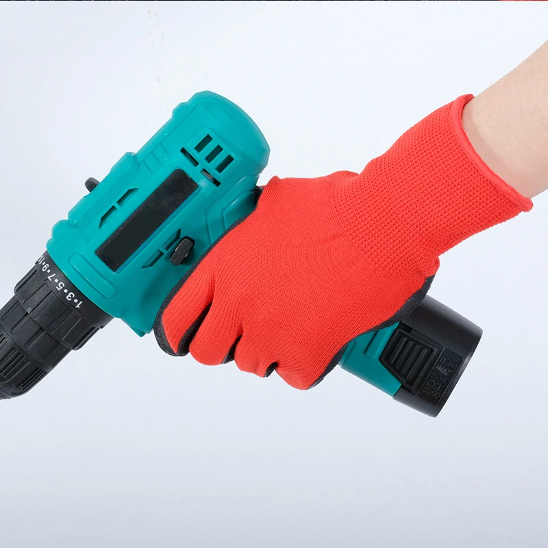 13G Red Working Polyester Gloves Latex rubber Coated Gloved Crinkle wrinkle palm  Finish Gloves for hand protective