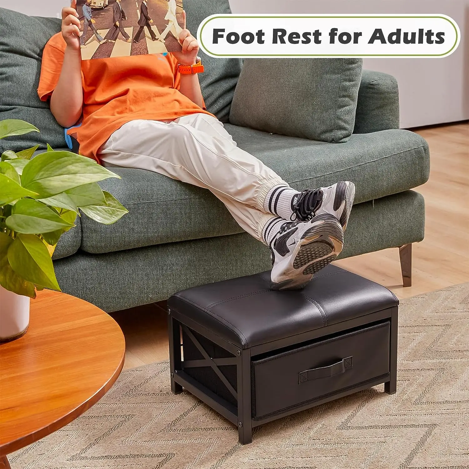 Small Foot Stool, Faux Leather Foot Rest Stool with Storage, Foot Stools Ottoman for Living Room Bedroom Entryway, Black