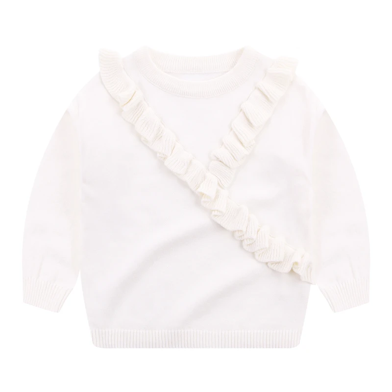 
Factory Solid Color White Pink O Neck Pullover Long Sleeve Lace Knitted Sweater For Girls 