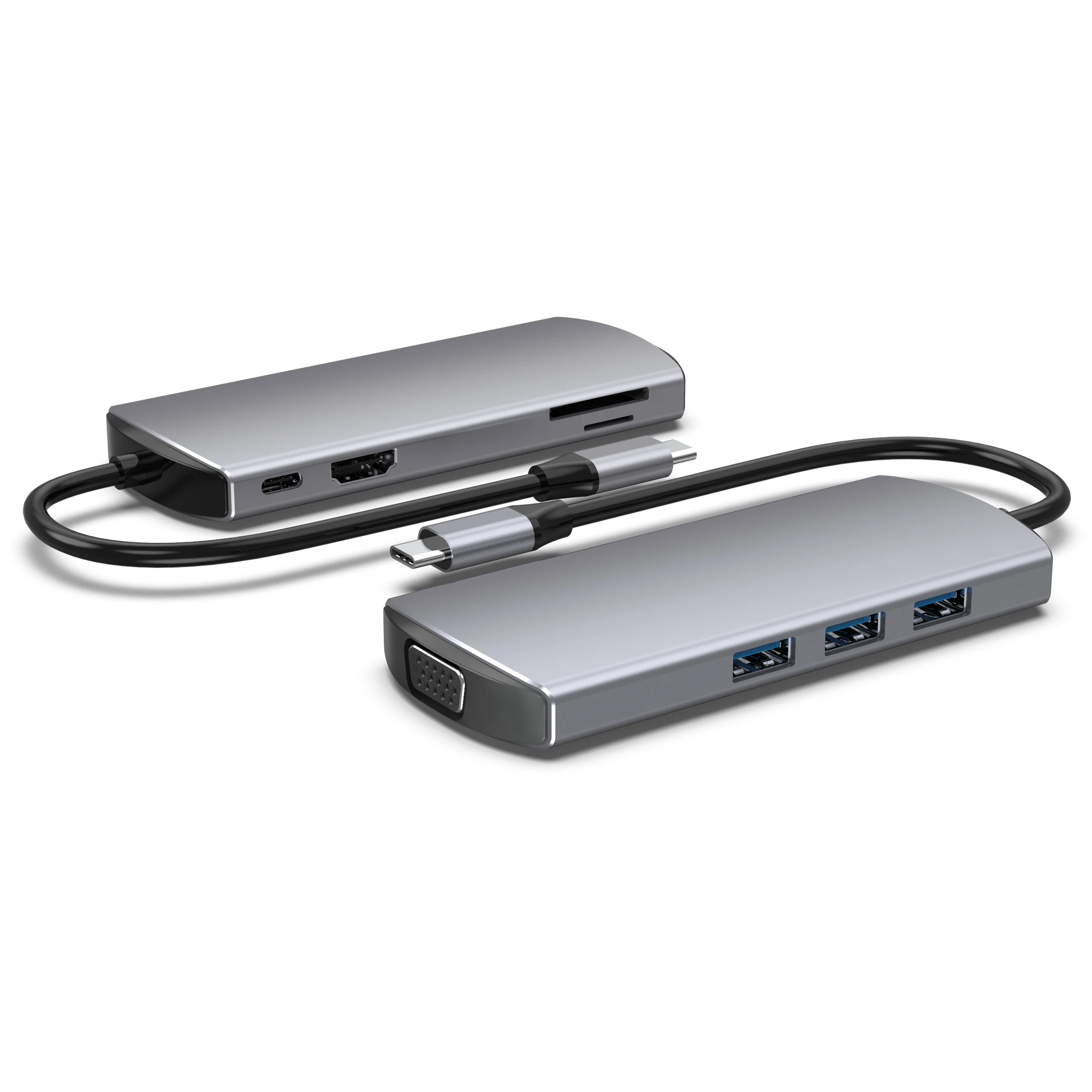 HUNDA small size type-c fast charging hub eight in one power hub with VGA SD TF Reader hub for huawei apple macbook pro