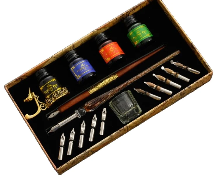 Vintage Calligraphy  Glass Dip Pen Gift  Set  Wooden Glass Dip Pen + 10 Nibs + 4 Color Ink +  Pen Holder Map Box