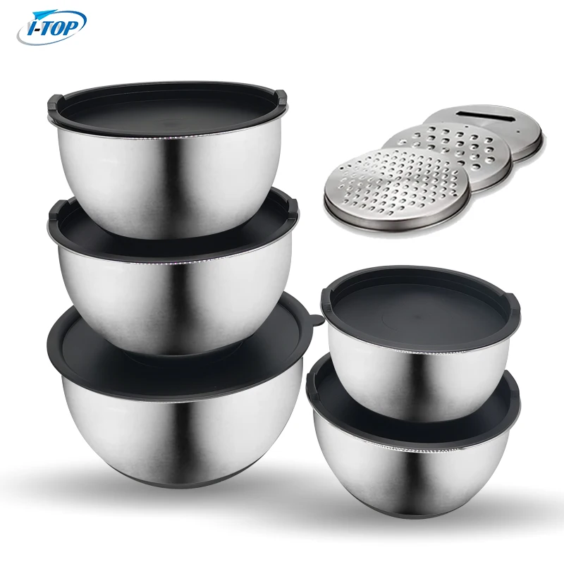 Factory Direct Cheap Price Salad Bowl Beat Eggs Basin With Silicone Airtight Lid Grater Mixing Bowl Set Stainless Steel Mixing B