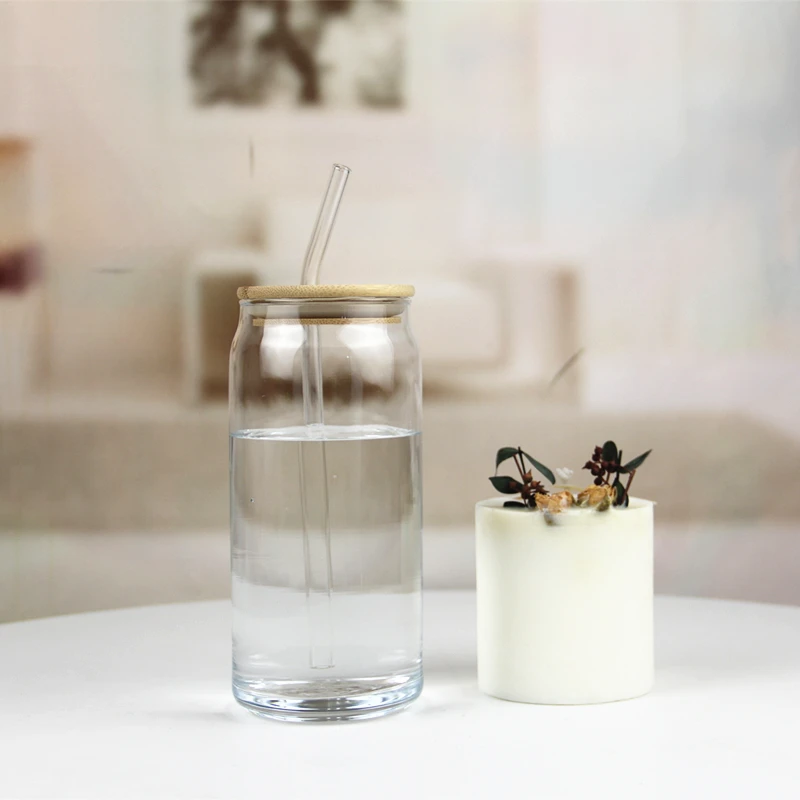 wholesale custom beer can shaped drinking glass coke glass cup with straw bamboo lid