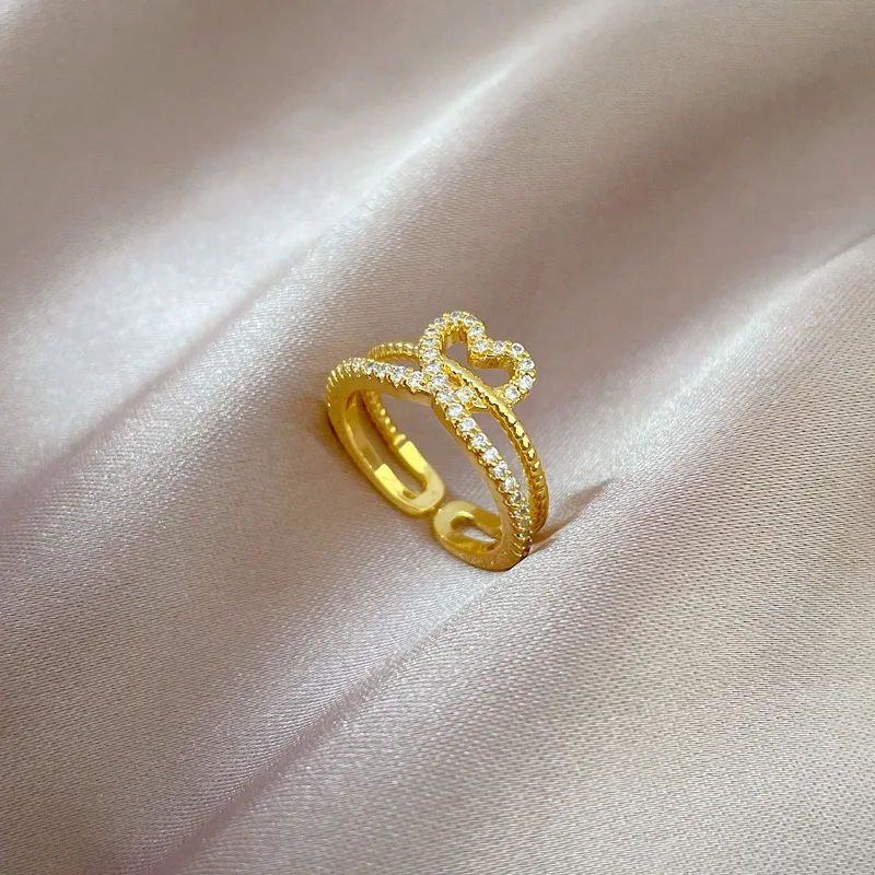 Brass 18 K Gold Plated Heart Love Diamond Two Cycles Rings for Women Hollow Metal Texture Multilayer Ring Trendy Jewelry