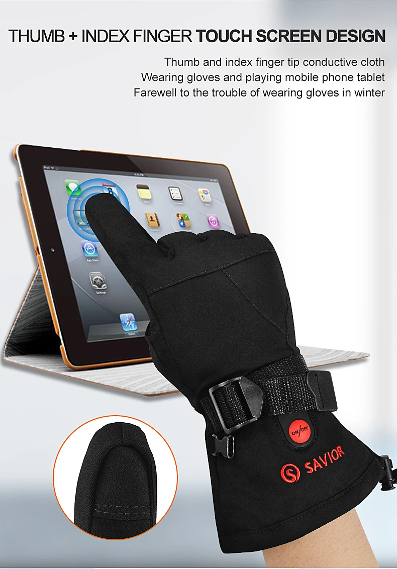 Savior Screen Touch Mobile Warming Rechargeable Battery Powered Heated Motorcycle Gloves