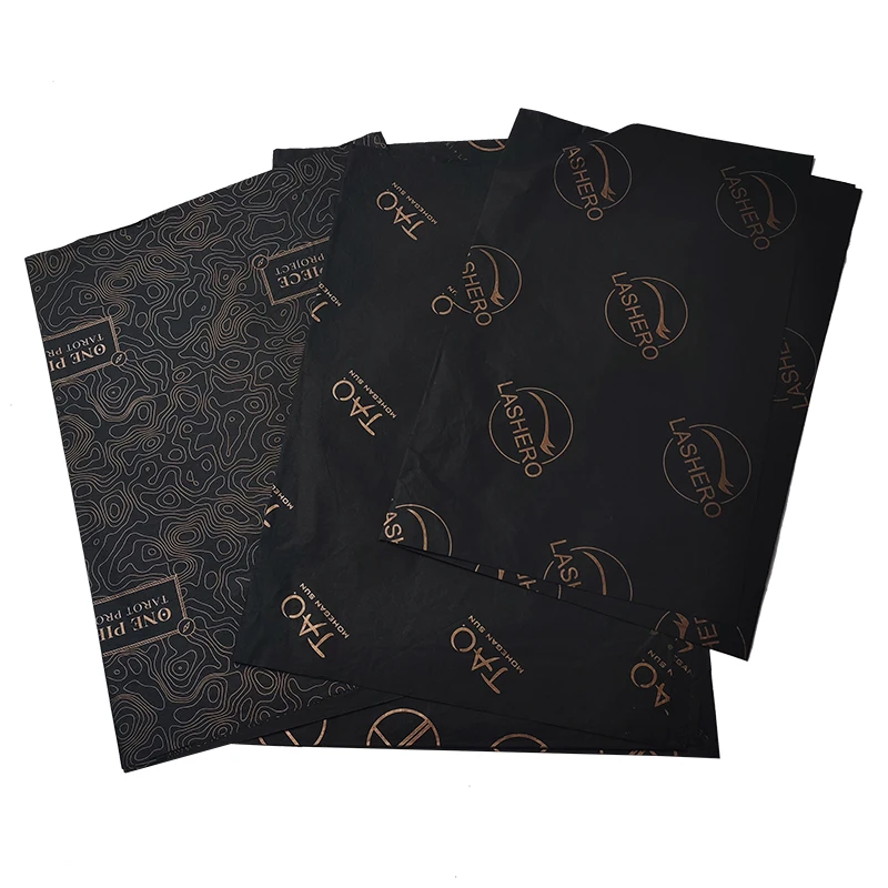 Gold Logo Printed 17gsm 18gsm Thickness Soft Black Silk Paper / Cotton Paper For Garment Packaging