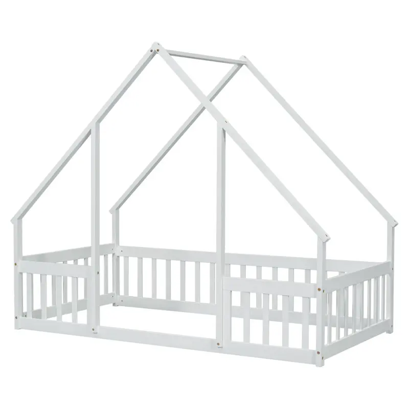Bedroom Baby Bed House Shape Montessori Toddler Bed Natural Pine Wood Kids Bed Frame with Fun Door Safe Play Sleep Space for