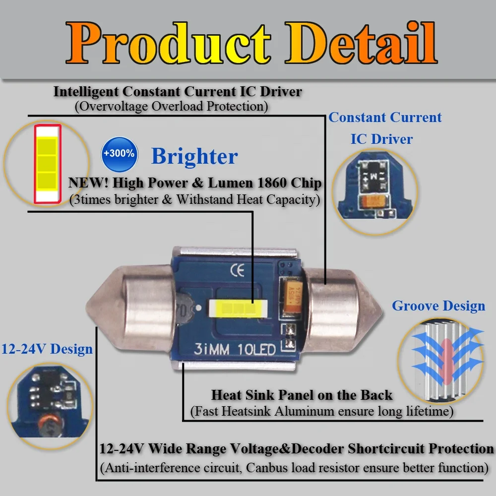 1860 1smd led festoon light car light 28mm 31mm c3w led canbus