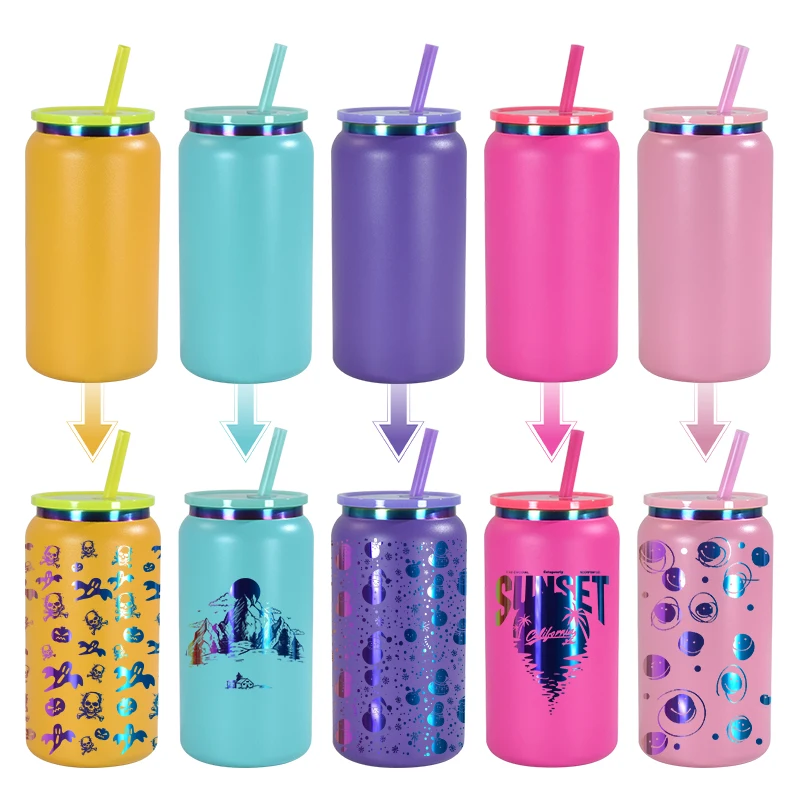 New 16oz Rainbow plated underneath powder coated colored stainless steel 16oz beer can tumbler cups for laser engrave