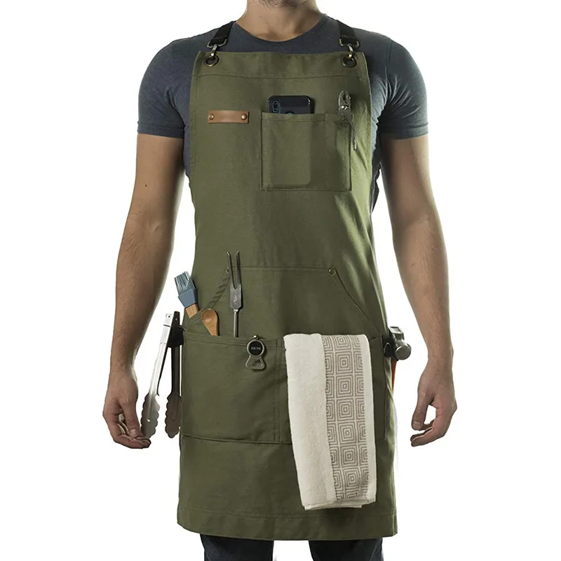 Wholesale Custom Logo Cotton Canvas Waterproof Chef Cooking Aprons For Cafe Restaurants Kitchen bbq Apron