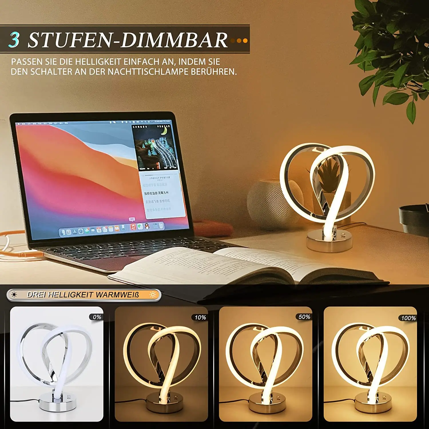 3-Step Dimmable Bedside Decorative Table Lamp Living Room Modern Spiral  Table Lamp Led Desk Light