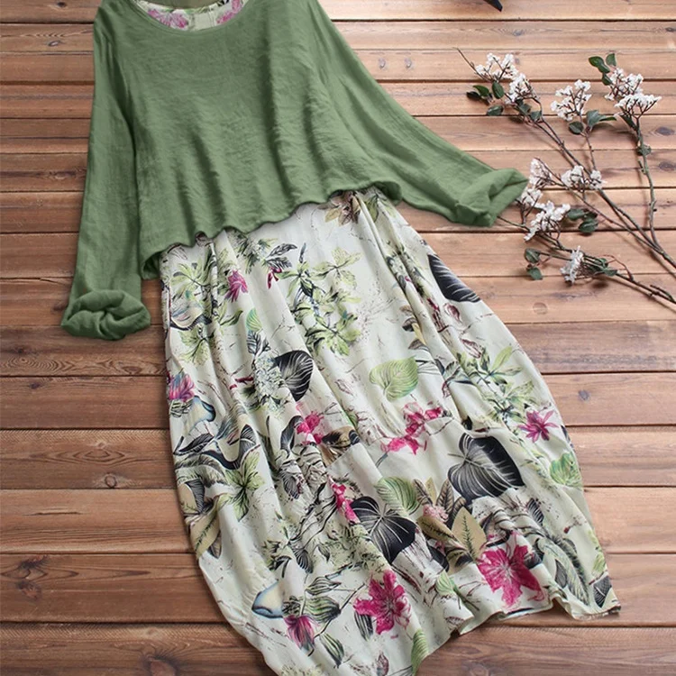 Hot Sale Floral Print Dress Green Linen Blend Top & White Floral Linen Blend Midi Long Floral Dress